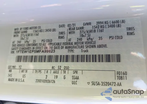 2021 Ford F-150 Xlt из США, поврежденный, VIN 1FTEW1EP5MFA99823